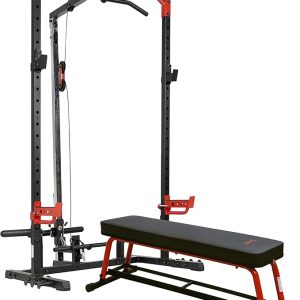 Power Zone Squat Rack with LAT Pull Down Attachment and Flat Weight Bench